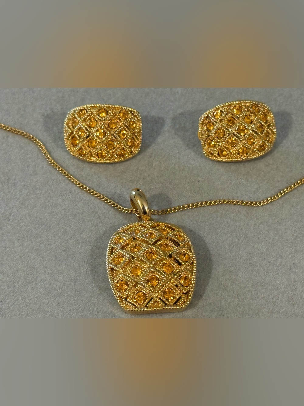 Gold Tone Citrine-Accented Pendant and Earring Set